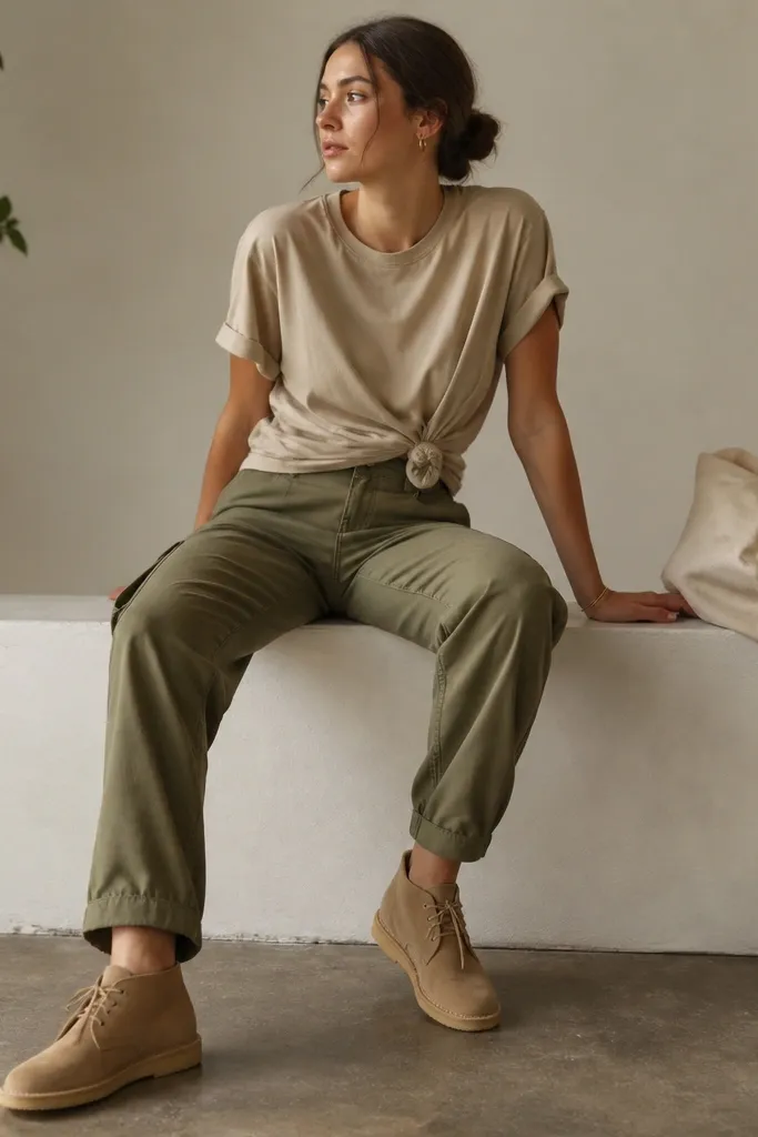 A laid-back outfit with olive cargo pants and a sand-beige cotton t-shirt. The shoes are tan suede desert boots with crepe soles. A light canvas tote sits off to the side, and the t-shirt is slightly knotted at the front.
