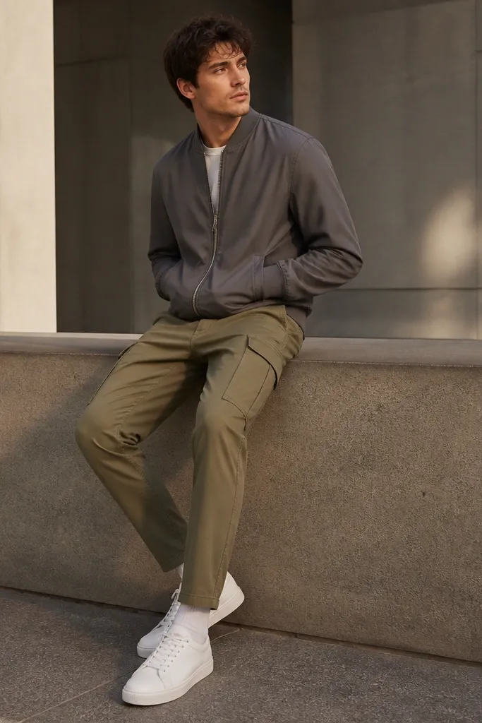 Olive cargo pants paired with a slate grey bomber jacket. The bomber has ribbed cuffs and a clean zipper. Sneakers are white with visible stitching, and white crew socks peek above the shoe collar.