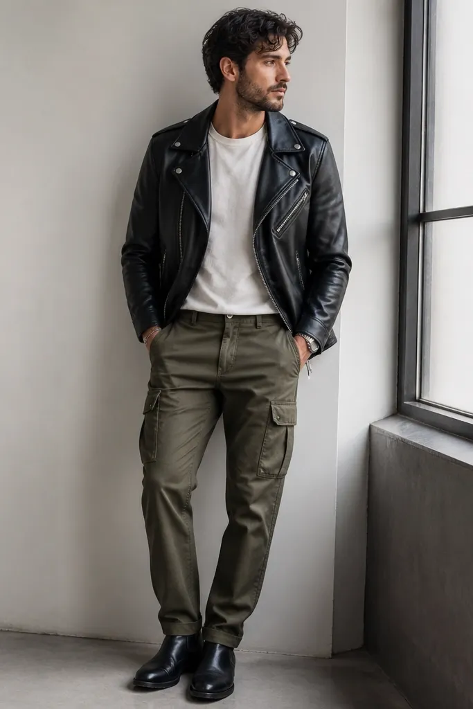 A biker-style black leather jacket over an off-white crew-neck tee. Olive cargo pants sit at the waist with structured pockets. The shoes are black leather sneakers or Chelsea boots. A silver ring and simple watch show at the cuffs.