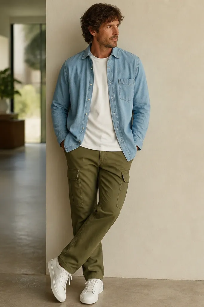 Olive cargo pants paired with a light wash denim button-up shirt worn open over a white tee. White sneakers with low soles. The denim has visible seams and a slightly relaxed fit; the shirt hem hangs over the waistband.