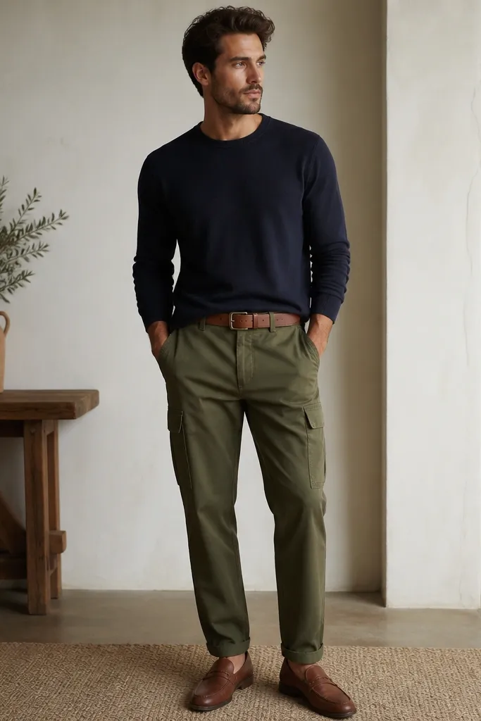 Olive cargo pants with a navy crewneck sweater. The sweater is tucked loosely at the front with a clean waist line. Footwear is cognac leather loafers. A brown leather belt matches the loafers.
