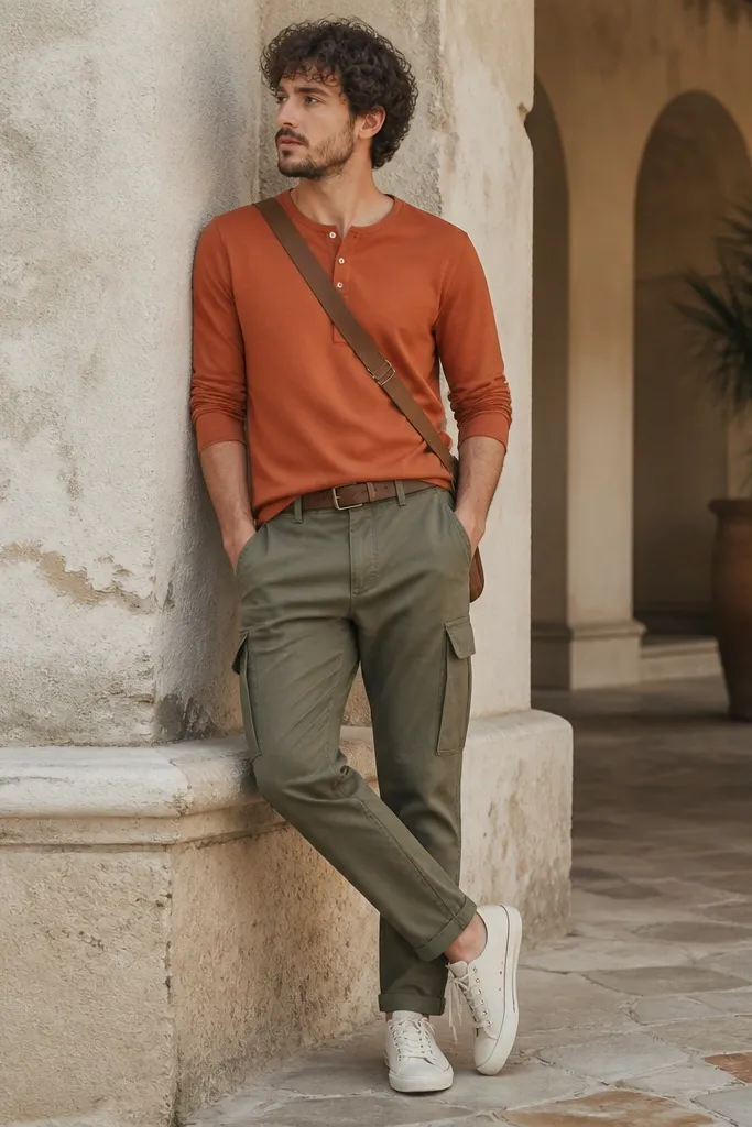 Olive cargo pants with a rust-orange henley shirt featuring two buttons. The henley is worn slightly loose but not baggy. White canvas sneakers sit with visible laces; the outfit includes a light brown belt and a cross-body strap.