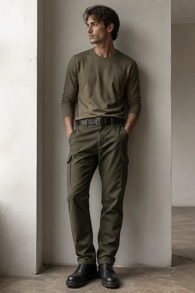 A monochrome look: olive cargo pants paired with a slightly lighter olive long-sleeve tee. A dark belt is visible at the waist. The shoes are black boots with thick soles; the outfit uses minimal accessories.