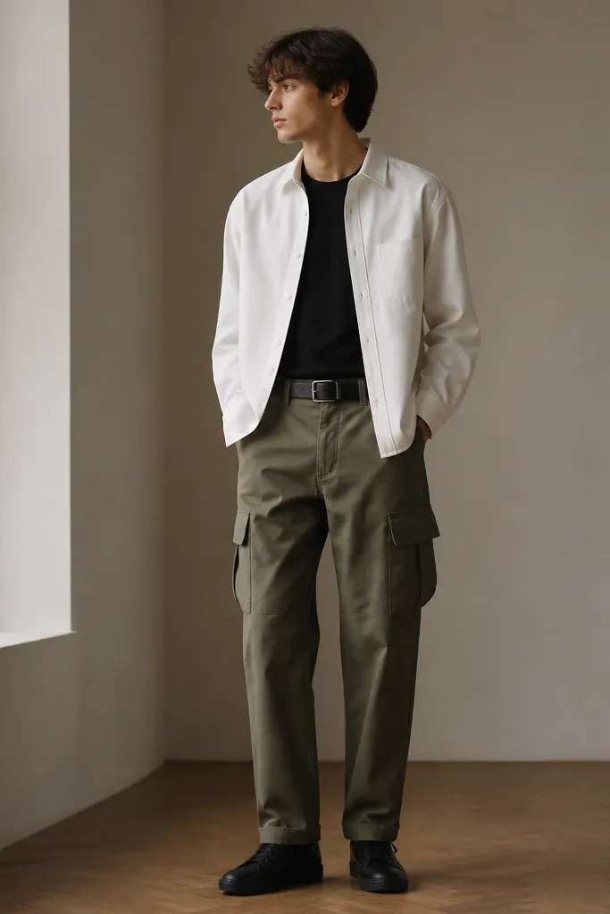 Olive cargo pants with a white button-up overshirt. The overshirt is slightly structured and worn open over a black crew-neck tee. Shoes are black low-top sneakers; a black belt is visible.
