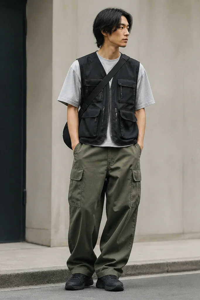A black utility vest layered over a light grey t-shirt. Olive cargo pants with visible cargo pockets. The vest has multiple small zippered pockets. Shoes are dark sneakers, and a cross-body bag strap runs across the chest.