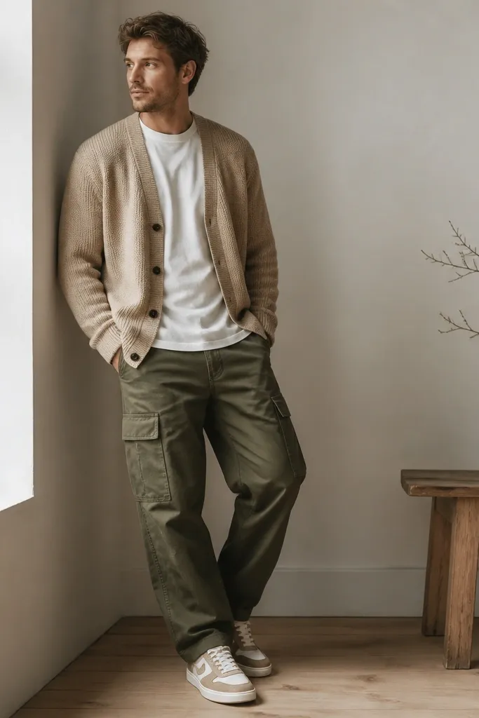 Olive cargo pants with a tan cardigan worn open. Under it is a white tee. The shoes are tan-and-white sneakers. The cardigan is soft knit with visible buttons and a relaxed drape.