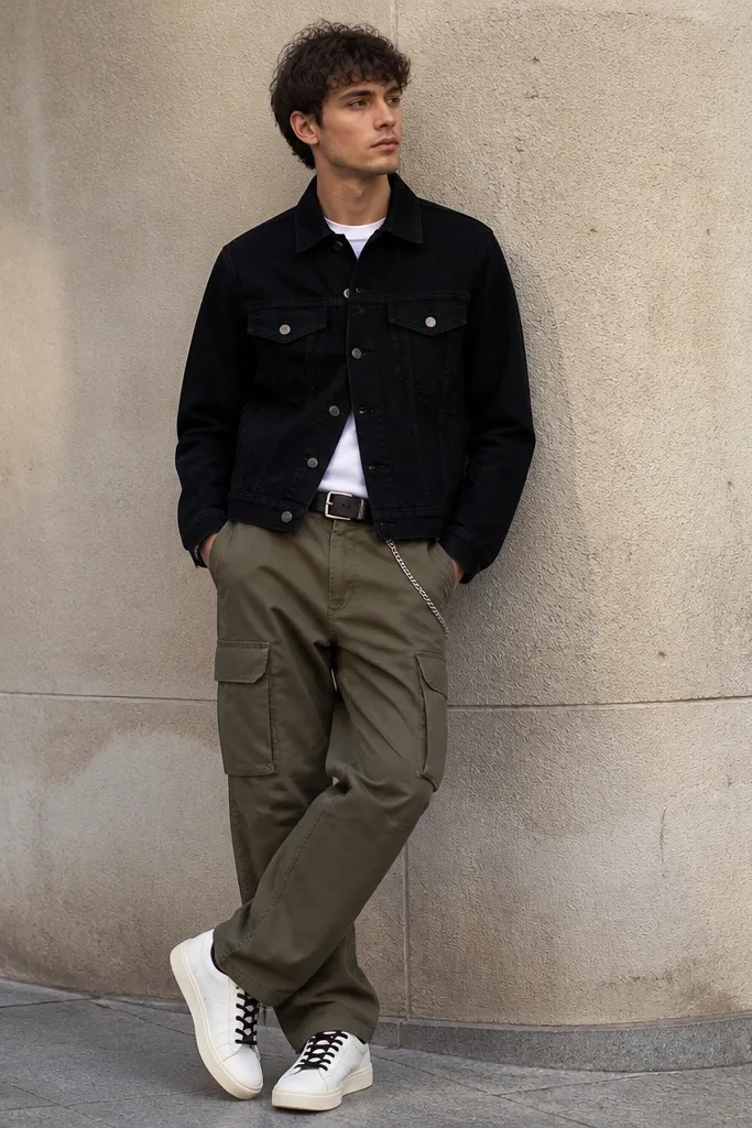 Olive cargo pants with a black denim jacket. A white t-shirt shows under the jacket, and the jacket is worn buttoned. The shoes are white sneakers with black laces. A black belt and minimal chain are visible.