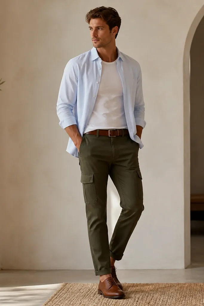 Olive cargo pants paired with a light blue or white shirt worn open over a fitted white tee. The collar is visible and crisp. The shoes are brown leather lace-ups, and there's a simple leather belt. The pants have a clean cuff and no heavy distressing.