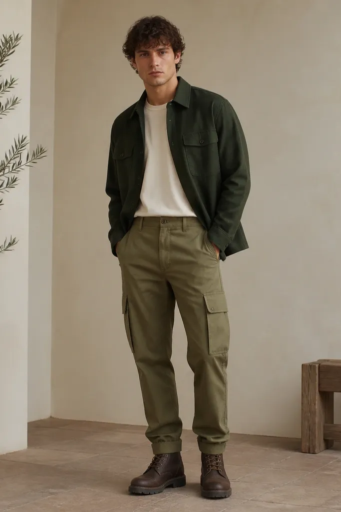 Olive cargo pants with a slightly darker forest green overshirt. A cream tee is tucked in. Shoes are dark brown boots with a rugged sole. The overshirt has button tabs and a structured collar.