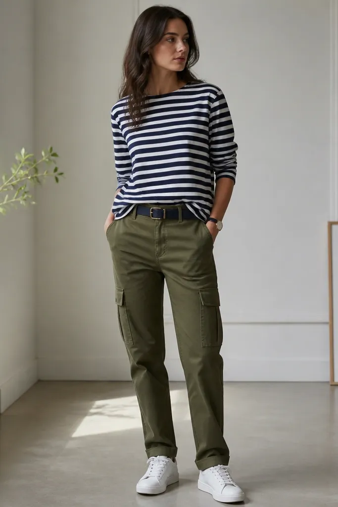 Olive cargo pants paired with a navy-and-white striped Breton tee. The stripes are medium width. The tee is tucked slightly in front. Shoes are clean white leather sneakers; a navy belt is visible and a small watch sits at the wrist.