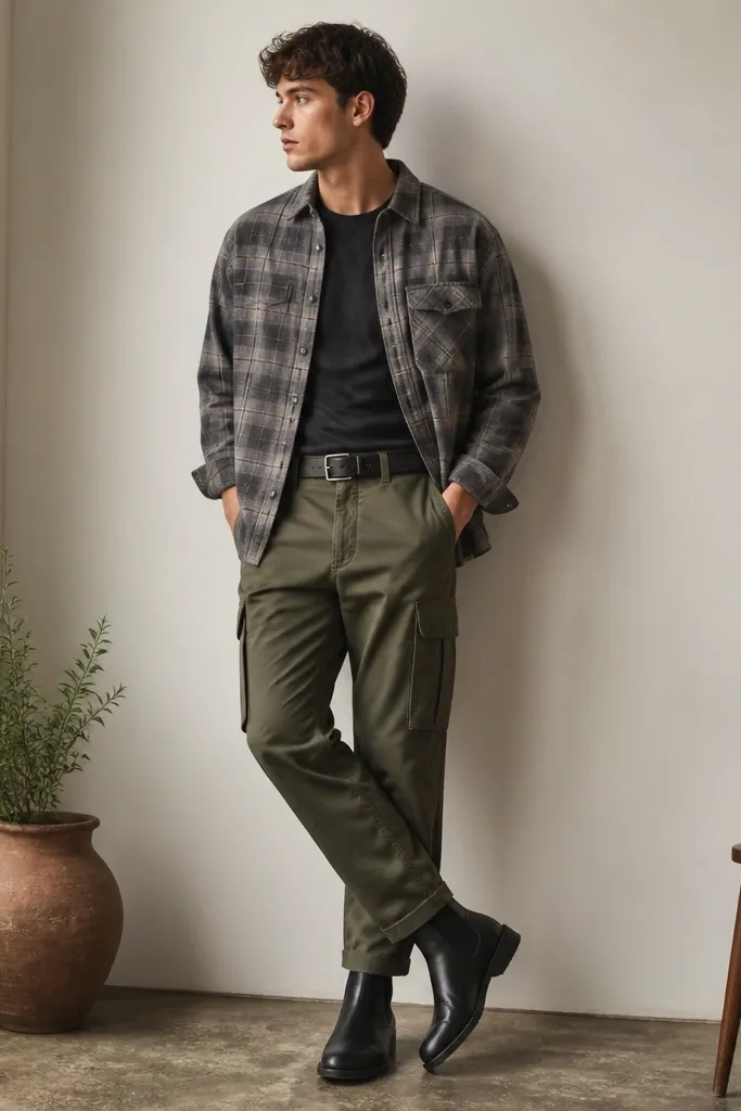 Olive cargo pants with a grey flannel button-up worn open over a dark tee. The flannel has a brushed texture and subtle check. Shoes are black Chelsea boots, and a black leather belt is visible.