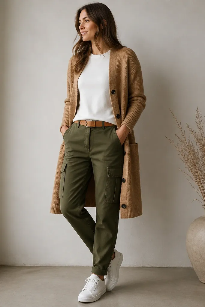 Olive cargo pants with a camel coatigan (knit coat) worn open. Underneath is a white crew-neck sweater or tee. The shoes are white sneakers, and a tan belt is visible. The coatigan has large buttons and a soft knit texture.