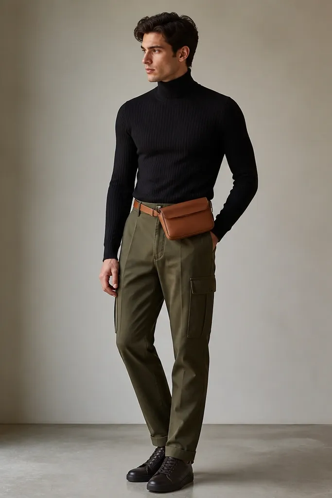 Olive cargo pants with a black ribbed turtleneck tucked in. A tan leather belt bag sits across the waist. Shoes are dark leather sneakers. The outfit looks streamlined, with no extra layers besides the turtleneck.
