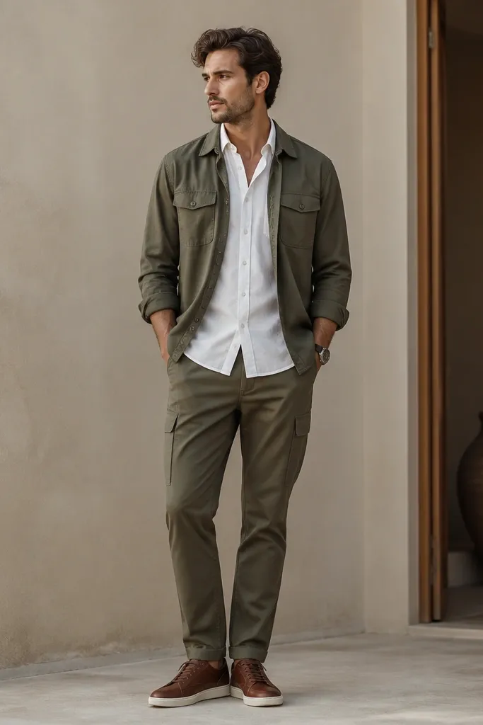 A layered look: a white button-down shirt worn under an olive overshirt. The top buttons are open, and the collar is visible. Olive cargo pants match the overshirt tone, but the fabrics look different. Shoes are brown leather sneakers; a simple watch sits at the wrist.