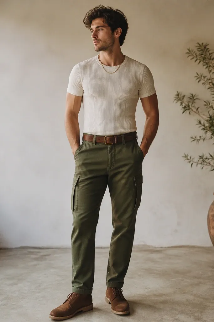 A model wearing olive green cargo pants with a ribbed cream fitted T-shirt tucked in, brown suede chukka boots, and a tan leather belt; a simple gold chain peeks at the neckline.