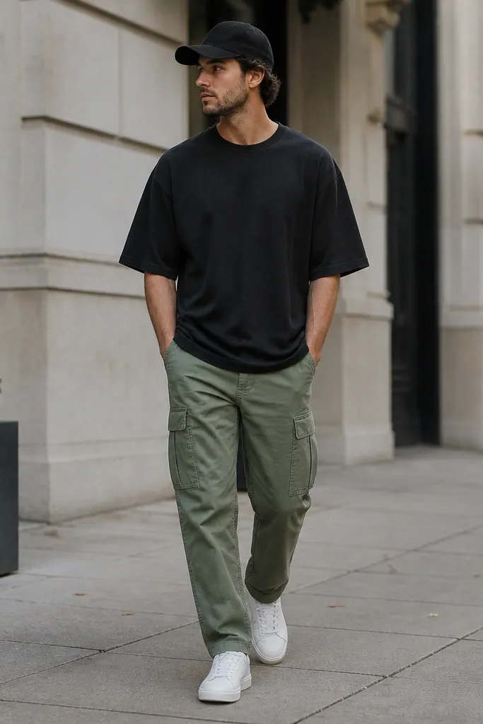 Sage green cargo pants worn with an oversized black boxy T-shirt, white leather low-top sneakers, and a black baseball cap; the outfit is photographed outdoors on a sidewalk.