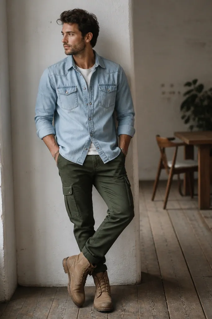 Dark green cargo pants paired with a light-wash denim overshirt buttoned halfway, tan leather lace-up boots, and a white crewneck shirt underneath.