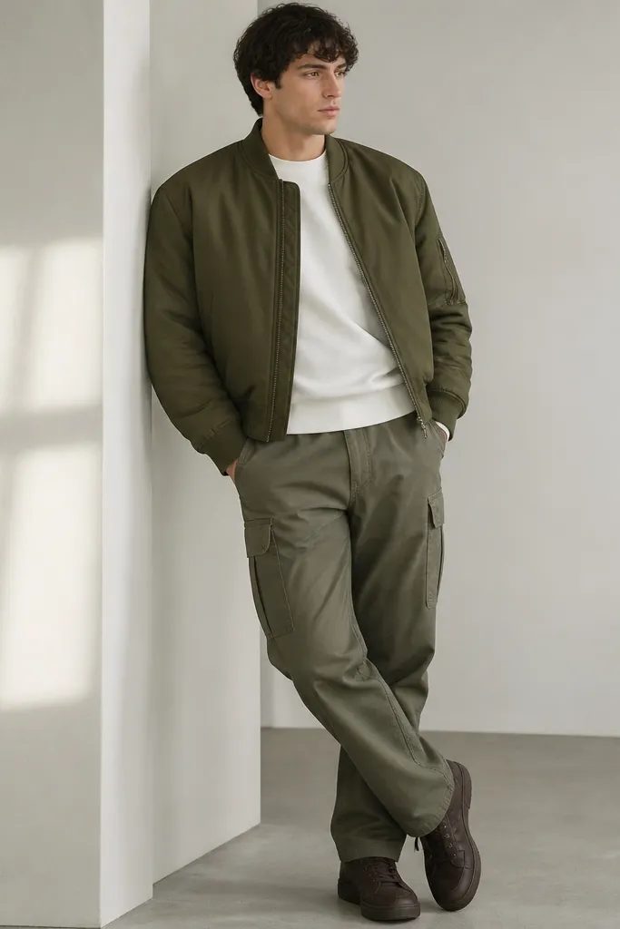 Olive bomber jacket over a white sweatshirt, olive green cargo pants, and dark brown sneakers; the bomber has a ribbed waistband and cuffs.