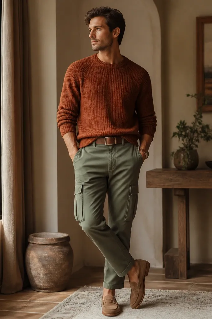 Sage green cargo pants styled with a rust-colored knit sweater, cognac belt, and tan suede loafers; warm indoor lighting.