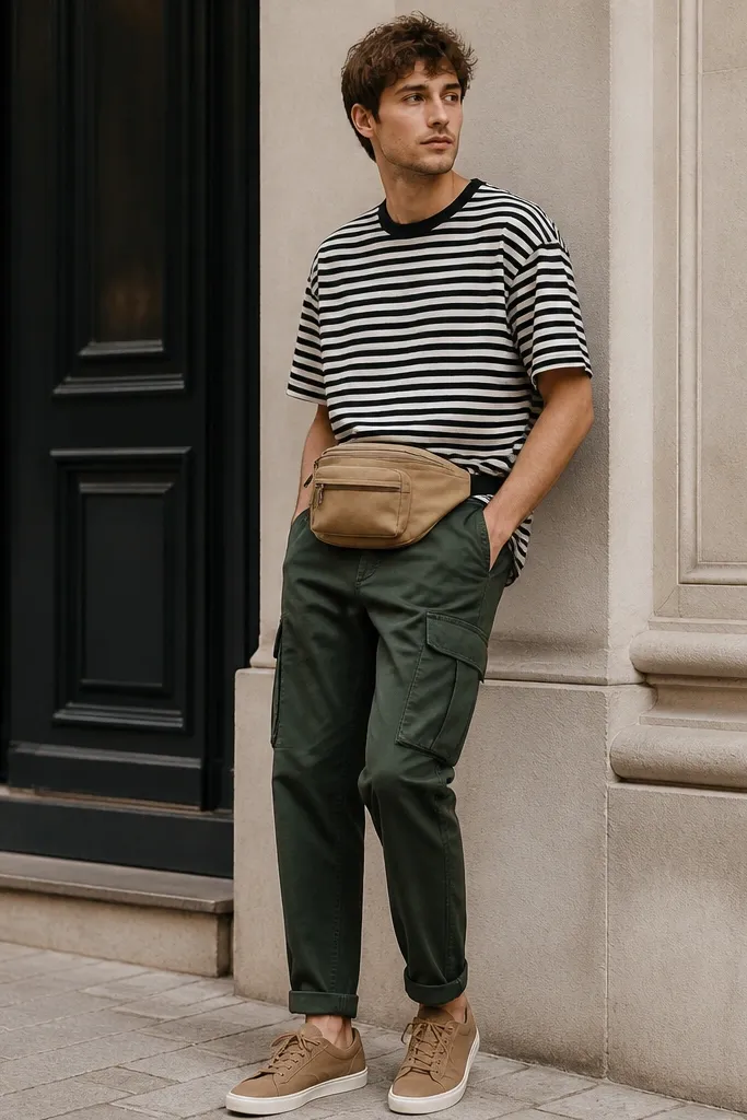 Dark green cargo pants with a black-and-white striped tee, a tan canvas belt bag across the waist, and light brown sneakers; the bag is worn in front.