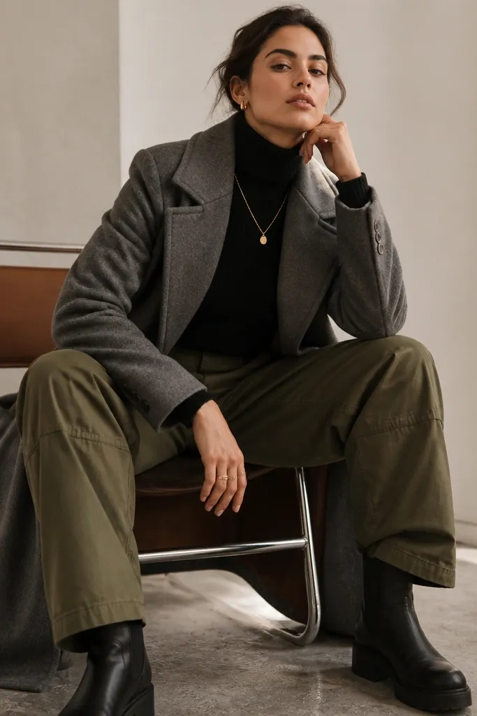 Olive cargo pants paired with a black ribbed turtleneck, layered under a gray overcoat; black boots and minimal jewelry.