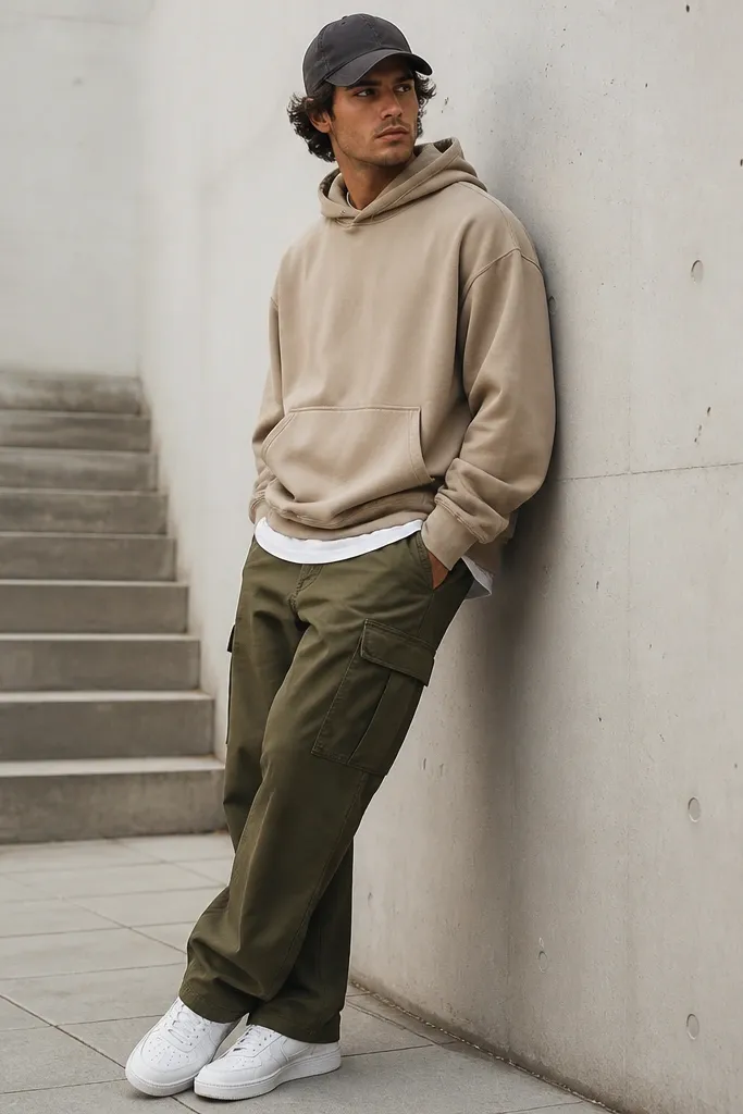 Olive green cargo pants with a tan hoodie layered over a white tee, white sneakers, and a dark cap; the hoodie is slightly oversized and worn untucked.