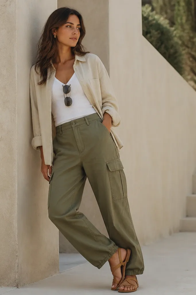 Olive cargo pants paired with a white ribbed tank top and a light beige lightweight overshirt worn open; tan sandals and a pair of sunglasses on the shirt.
