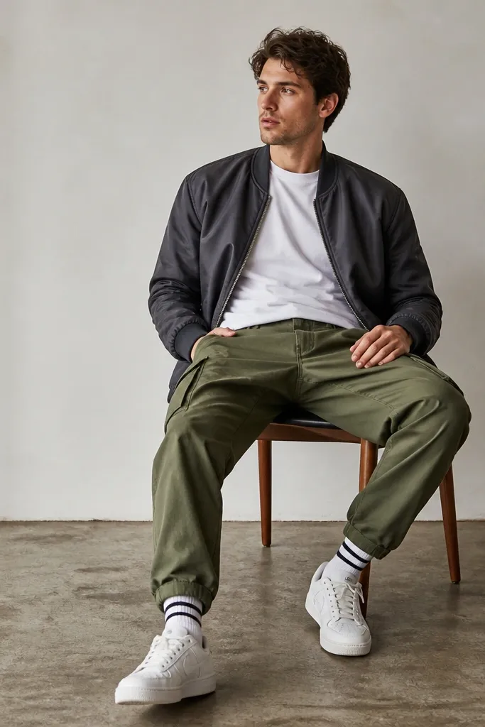 Green cargo pants with a charcoal bomber jacket, a plain white crewneck tee, and visible striped crew socks peeking above white sneakers.