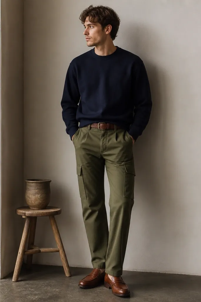 Olive cargo pants paired with a navy crewneck sweatshirt, brown leather belt, and brown leather loafers; the crewneck is slightly tucked.