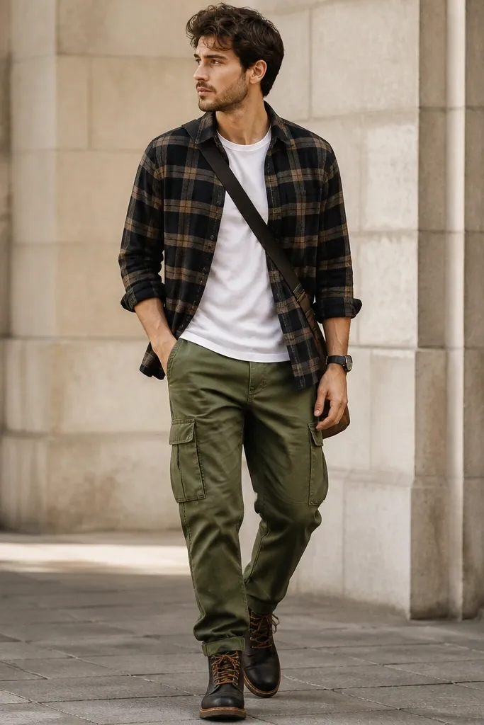 Green cargo pants with a plain white T-shirt and a black watch plaid flannel overshirt worn open; black-and-brown boots and a crossbody bag.