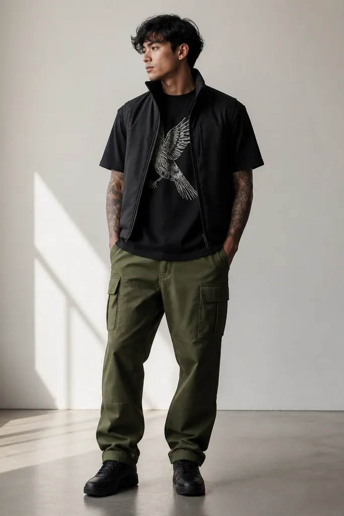 Olive green cargo pants with a black graphic T-shirt, a black bomber vest layered on top, and black sneakers; the vest is zipped and the graphic is visible.