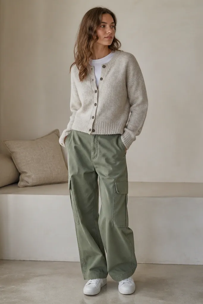 Sage green cargo pants styled with an oatmeal knit cardigan buttoned up, a white tee underneath, and clean white sneakers.