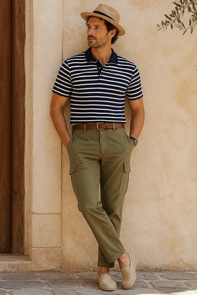 Olive cargo pants with a navy-and-white striped polo shirt, tan espadrilles, and a light straw hat; the polo is tucked and collar sits flat.