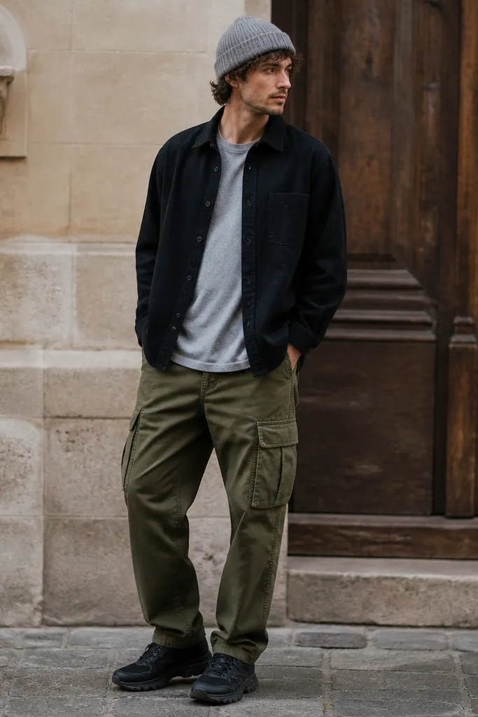 Olive cargo pants with a black overshirt worn open over a gray tee, plus a gray knit beanie and black sneakers.