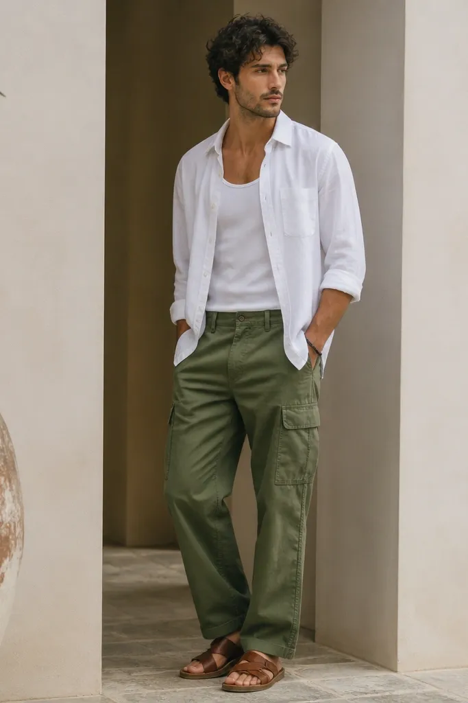 Green cargo pants styled with a white linen button-up worn open over a white tank, brown leather sandals, and a simple leather bracelet.