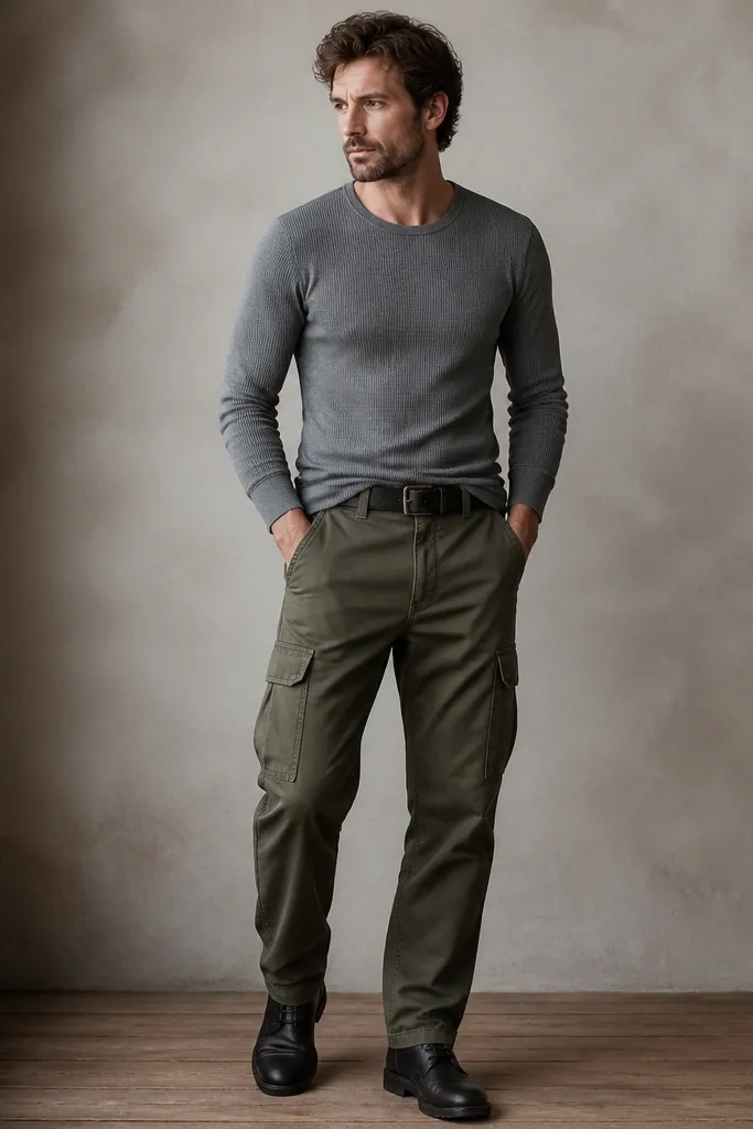 Olive cargo pants with a gray thermal long-sleeve shirt, black leather belt, and black low boots; the thermal hem is slightly tucked.
