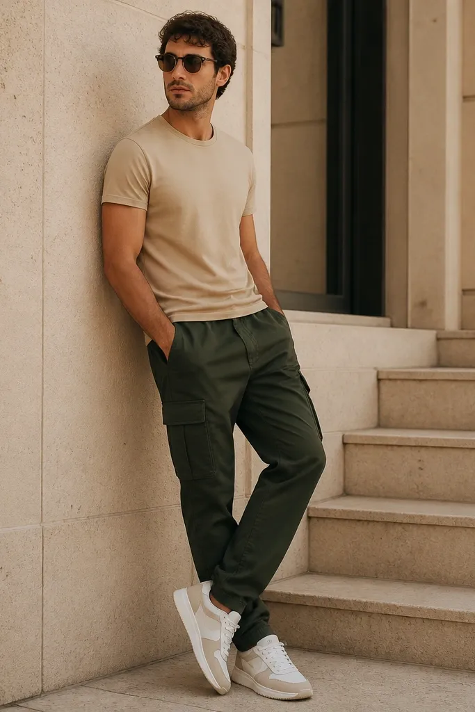 Dark green cargo pants with a sand-colored t-shirt, sneakers that are white with tan accents, and a pair of sunglasses.