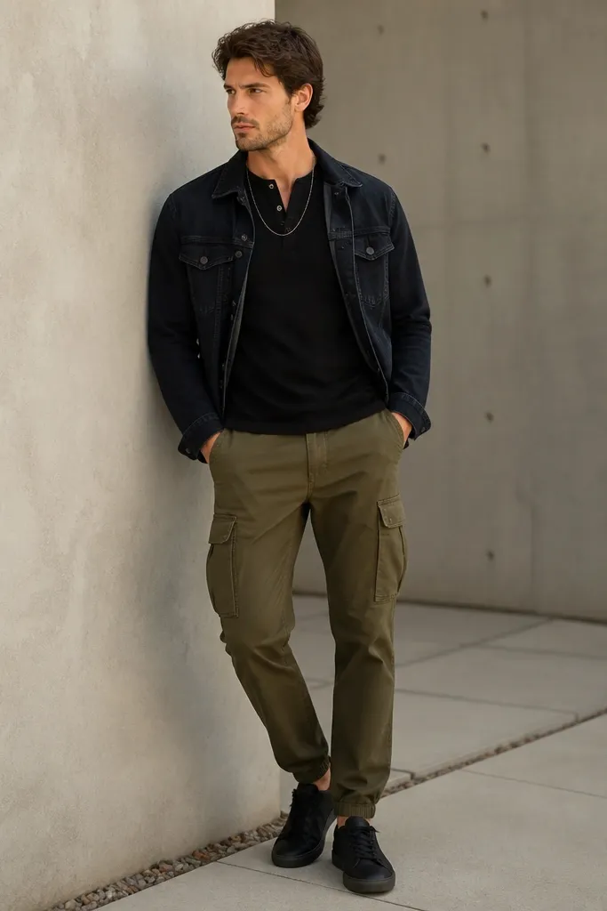 Olive cargo pants paired with a black long-sleeve henley and a dark denim jacket worn open; black sneakers and a simple chain necklace.