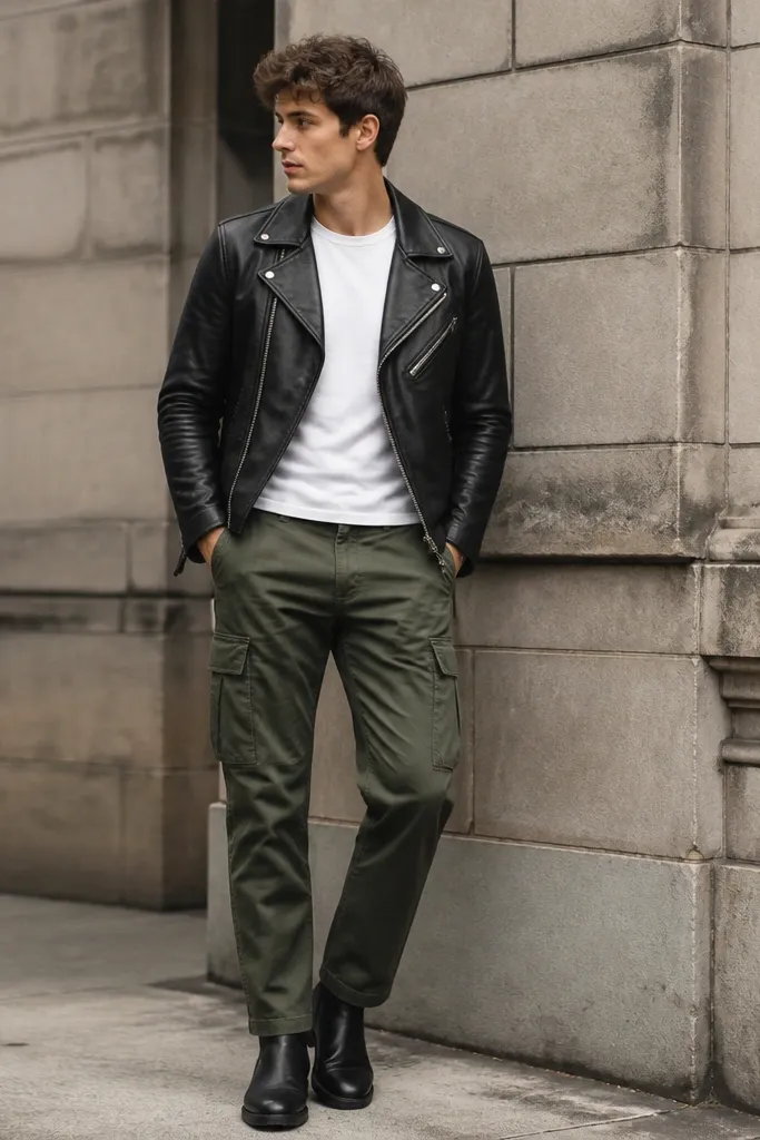 Green cargo pants with a white crew tee, a black leather biker jacket zipped halfway, and black boots; the jacket has zippers and a structured collar.