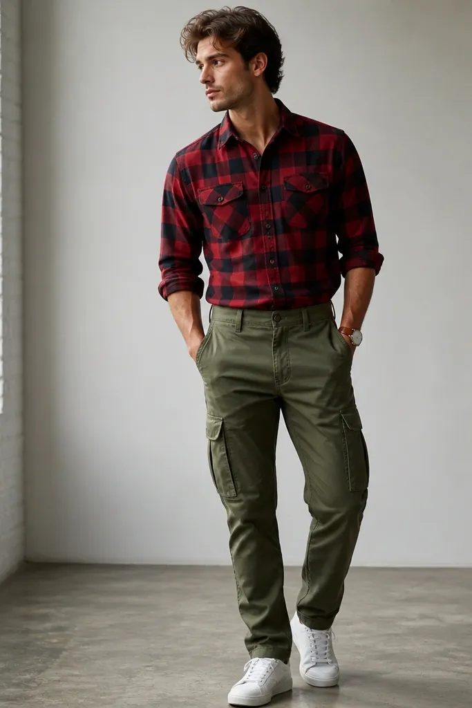 Olive cargo pants with a red-and-black plaid flannel shirt tucked in, sleeves rolled, and white sneakers; a brown watch completes the look.