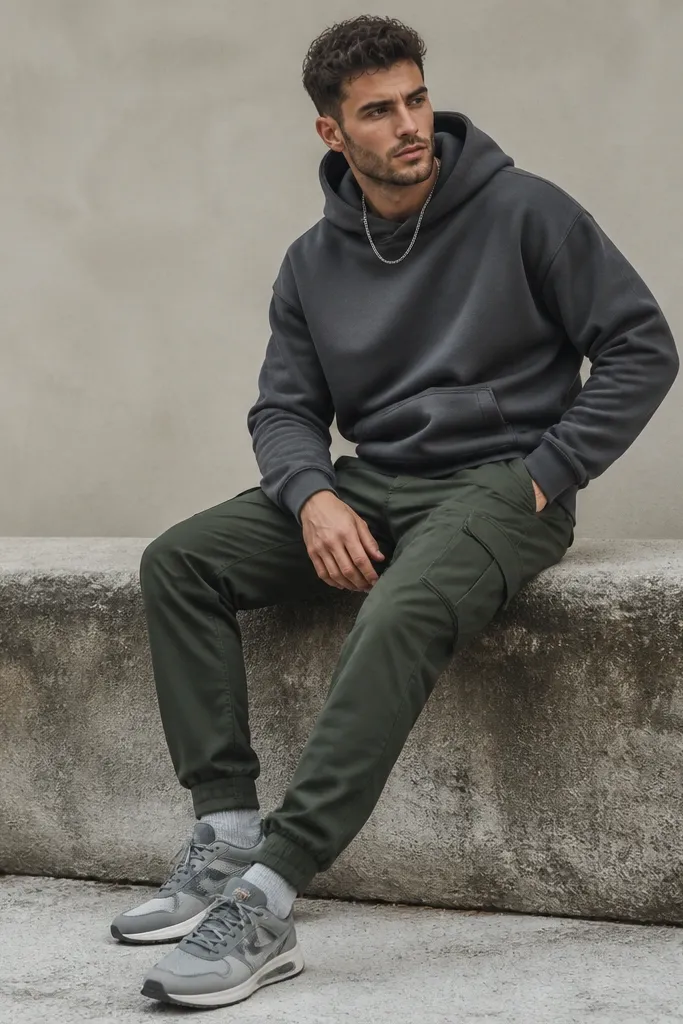 A man in bottle green cargo pants wearing a charcoal gray hoodie, gray jogger-style ankle cuffs, and gray-and-white sneakers; a thin silver chain is visible above the hoodie neckline.