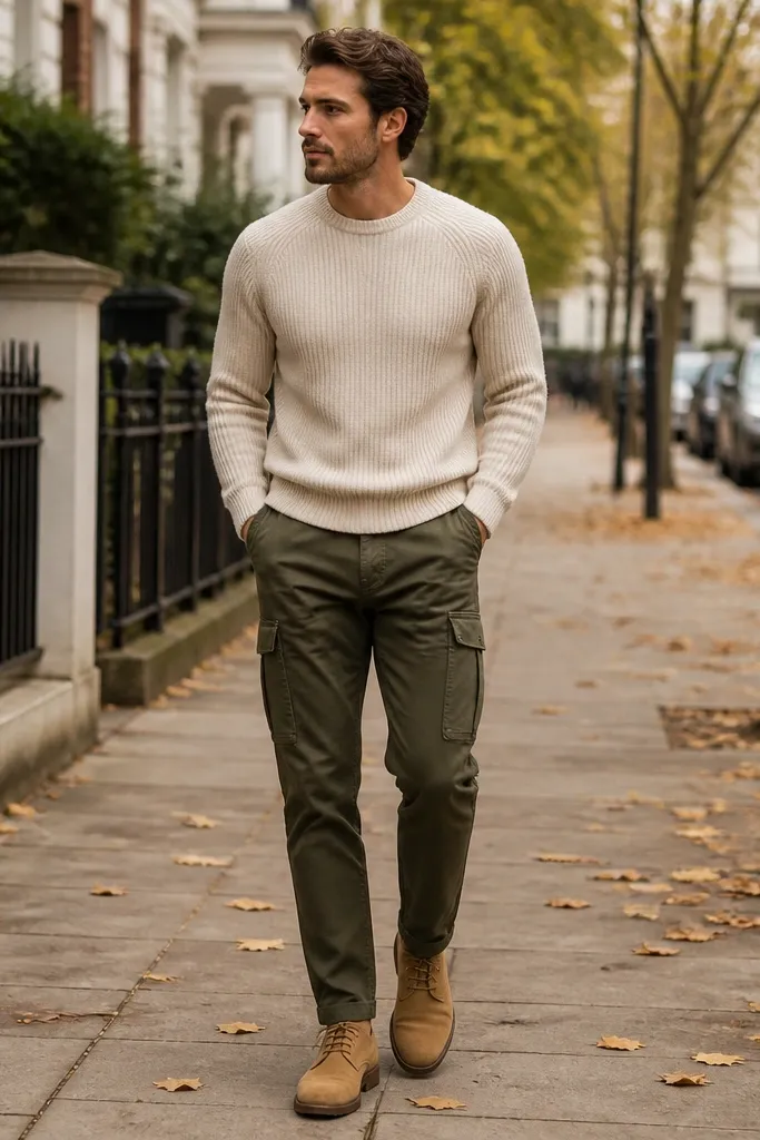 A full-body shot of a man wearing olive cargo pants with a cream ribbed knit sweater and tan suede desert boots; the scene looks like a sidewalk in mild fall weather.