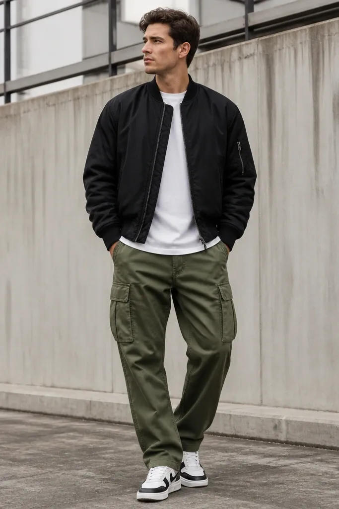 A man wearing green cargo pants with a black bomber jacket over a white tee, plus white-and-black sneakers; the jacket has a ribbed collar and elastic cuffs.