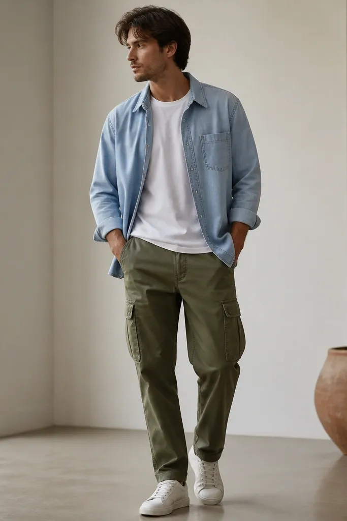 A man in olive green cargo pants wearing a light-wash denim button-up shirt unbuttoned over a white tee; white sneakers complete the look.