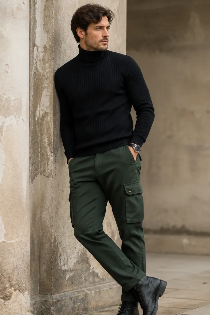 A man wearing bottle green cargo pants with a black ribbed turtleneck and a dark leather watch; black boots are visible at the bottom.