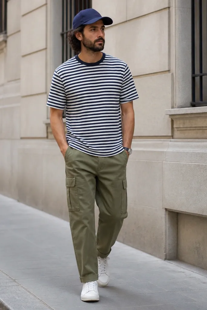 A man wearing olive cargo pants with a navy-and-white striped tee, white trainers, and a navy cap; full-body street photo in daylight.