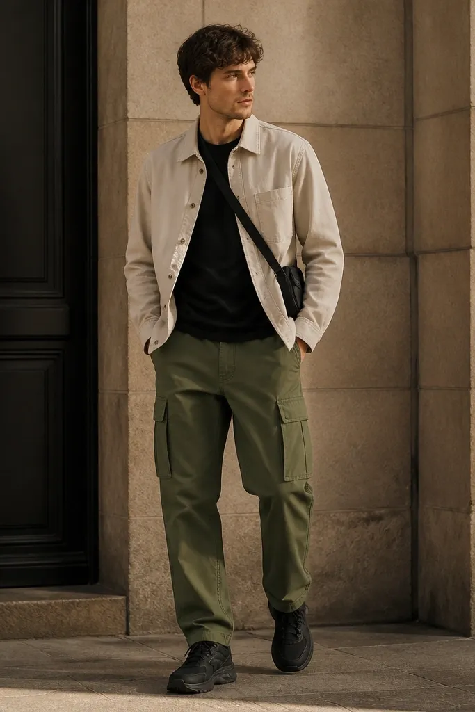 A man wearing green cargo pants with an off-white overshirt layered over a black tee; black sneakers and a crossbody bag are visible.