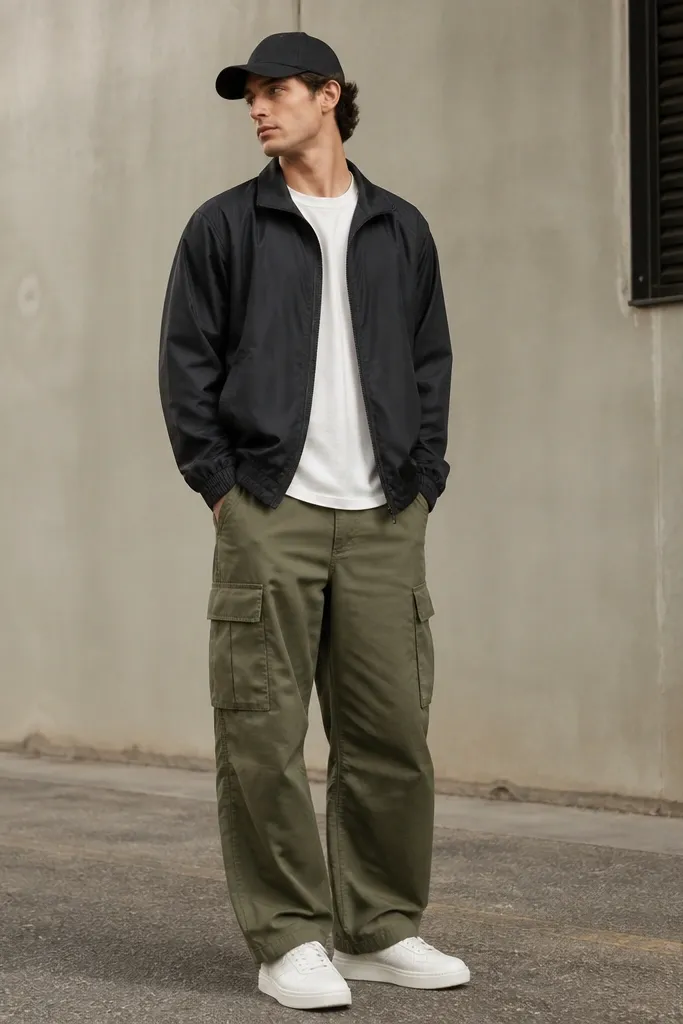 A man in olive cargo pants wearing a black nylon track jacket with a slight sheen, over a white tee; white sneakers and a black cap complete the look.