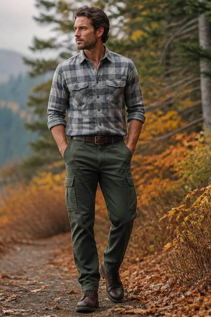 A man wearing bottle green cargo pants with a gray flannel button-up, sleeves rolled, brown leather boots, and a dark belt; outdoor fall setting.