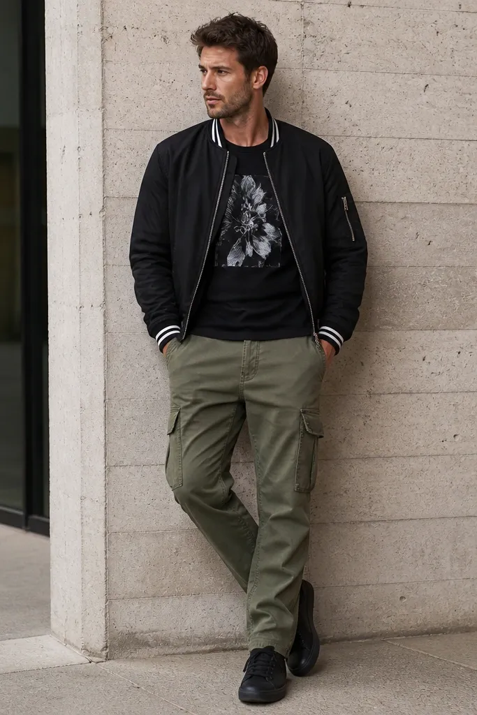 A man wearing olive cargo pants with a black graphic tee, a bomber jacket with striped cuffs, and black sneakers; the graphic is centered on the chest.